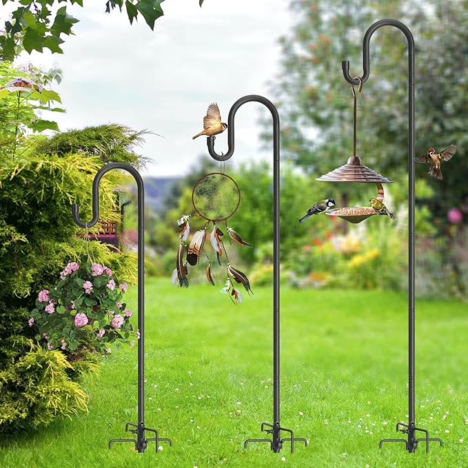 Hummingbird Feeder Pole for Outdoors - Heavy Duty Bird Feeder Stand with Adjustable Stake,62"Rustproof Shepards Poles with Hangers Holder for Birdfeeder,Wind Chimes,Lanterns,Wreaths,Black