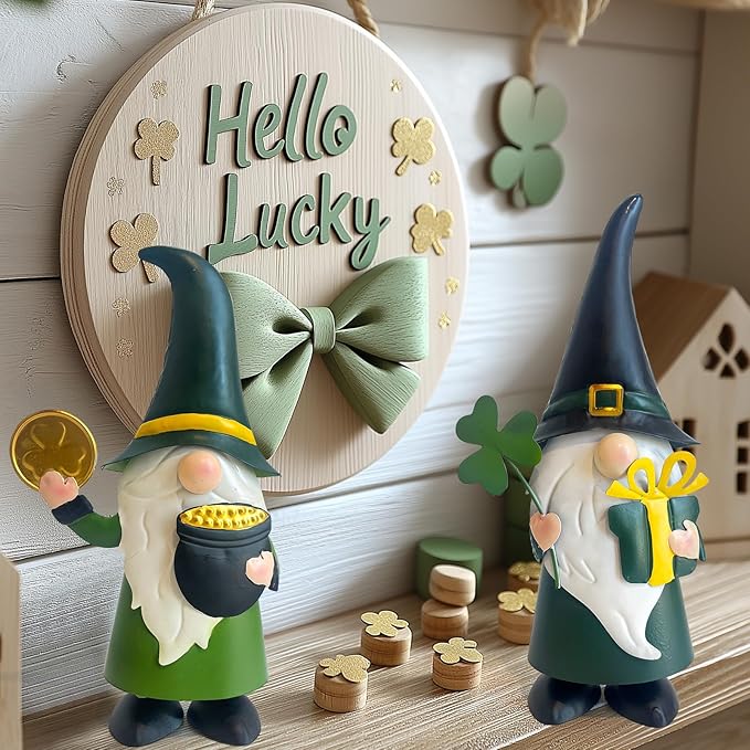 HONGLAND St. Patricks Day Decorations Outdoor Green Gnomes, Metal Gnomes Figurine Irish Leprechaun St Patricks Day Decor, Luck Shamrock Gnome for Home Outside Garden Lawn Party Yard Patio (14 INCH)