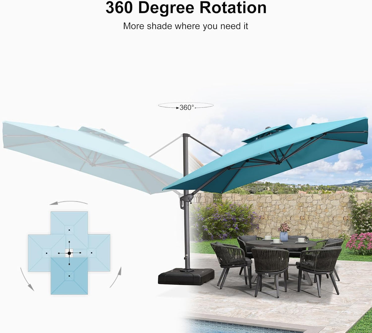 PURPLE LEAF 11FT Cantilever Outdoor Umbrellas Large Patio Umbrella Hanging Double Top Square Offset Umbrella with 360°Rotation Tilting Umbrella Outdoor Patio, Turquoise Blue