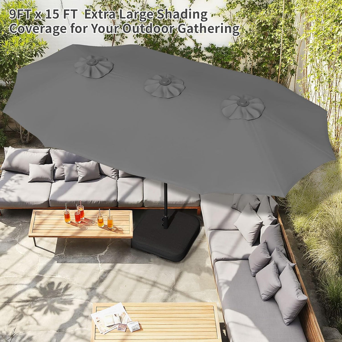 Shintenchi 16FT Large Patio Umbrella with Base, Outdoor Double-Sided Rectangular Umbrella, Market Umbrella with Crank Handle for Poolside Lawn Garden, Gray