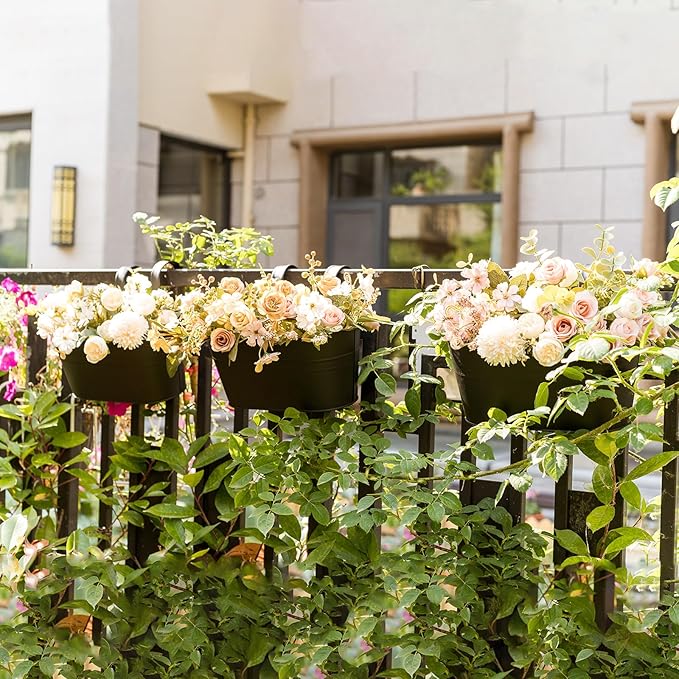 3 Pack Metal Hanging Flower Pots for Railing Fence,Outdoor Balcony Rail Planter with Detachable Hooks Drainage Holes for Deck Garden Home Decor Black