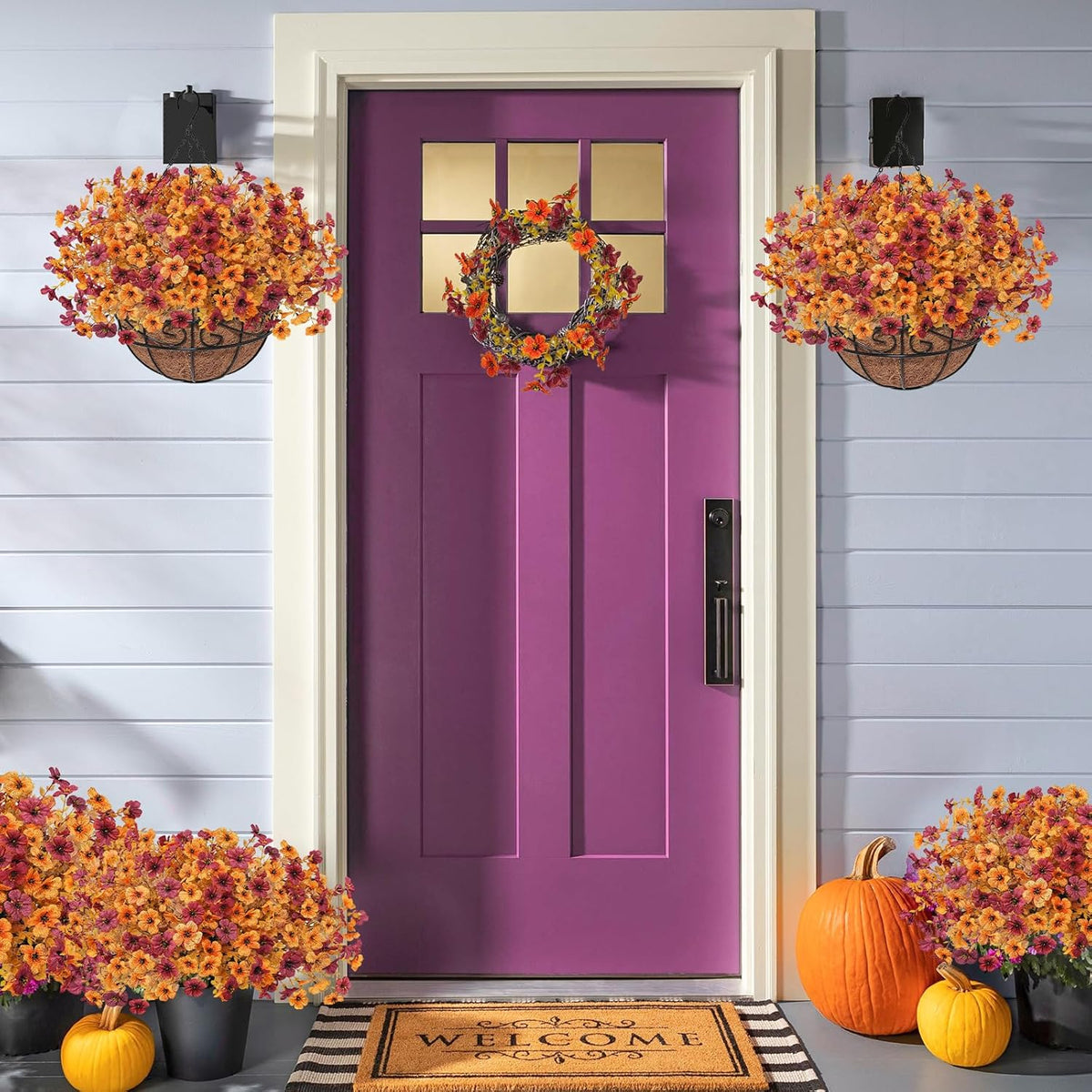 Fall Artfiticial Hanging Flowers Baskets for Outdoors, UV Resistant Fake Fall Hanging Plants, Faux Orange Flowers for Autumn Home Patio Garden Front Porch Balcony Decor (Yellow Red)