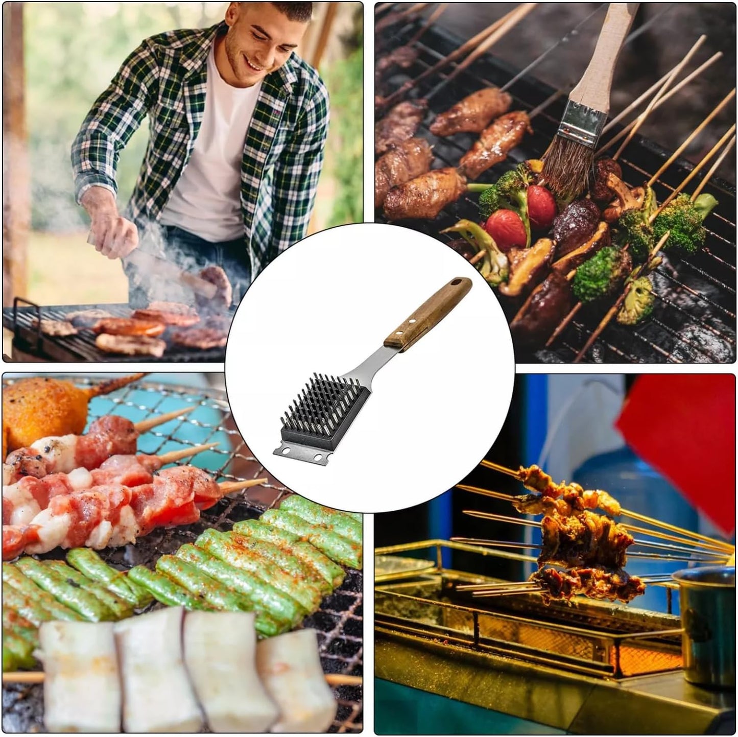 Barbecue Grill Brush and Stainless Steel Scraper Scraper Extended Large,Large Wooden Handle, Wire BBQ Grill Brush for Outdoor Grill - No Scratch- BBQ Grill Brush for Any Grill