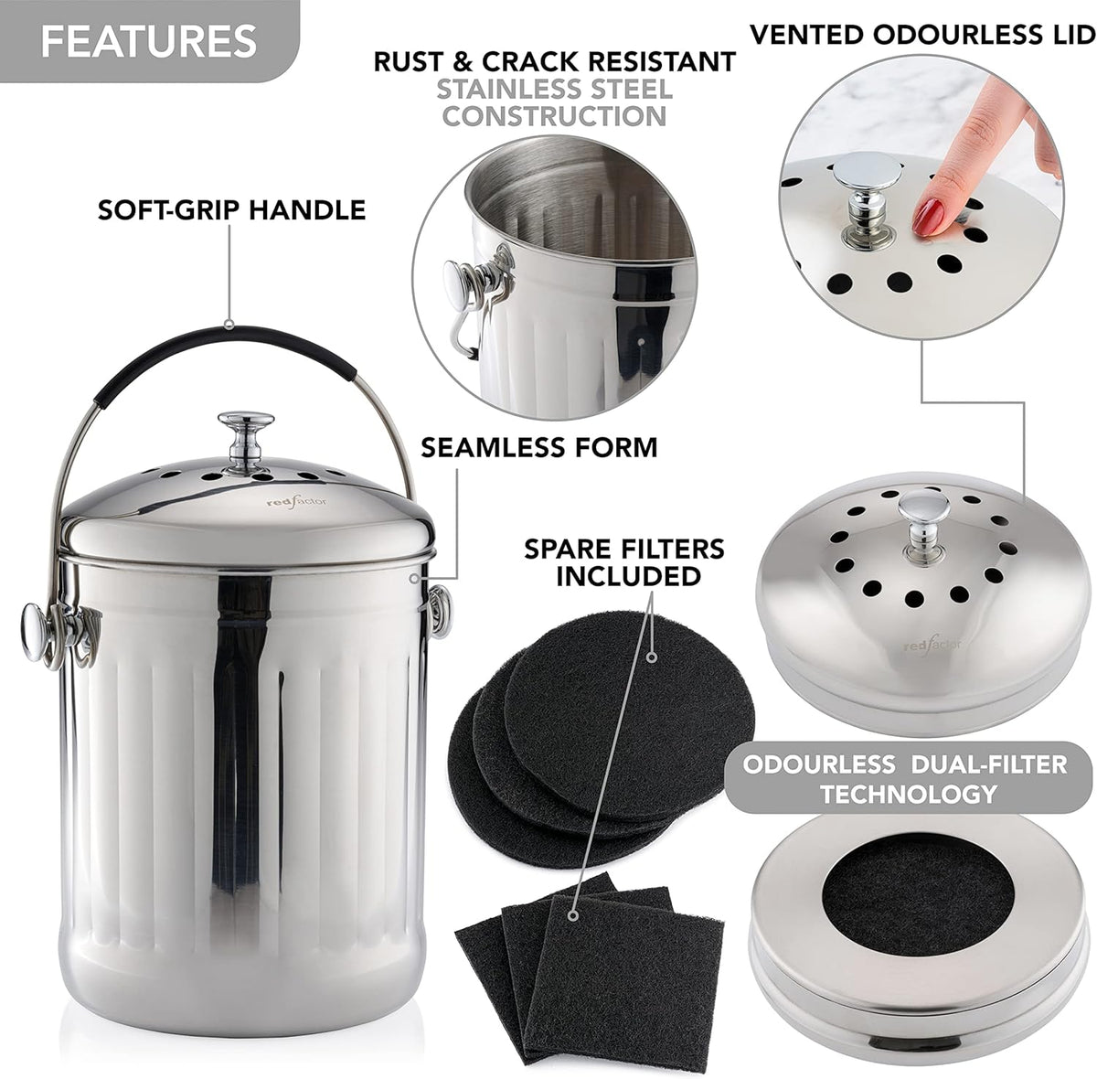 RED FACTOR Premium Compost Bin for Kitchen Countertop - Stainless Steel Food Waste Bucket with Innovative Dual Filter Technology - Includes Spare Filters (Brilliant Steel, 1.3 Gallon)