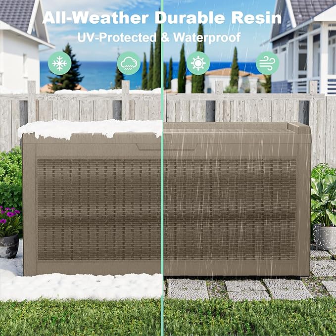 60 Gallon Resin Deck Box, Lockable Outdoor Storage Box for Patio Cushions Storage Furniture,Garden Tools, Pool Supplies, Weatherproof and UV Resistant (Grey Rattan)
