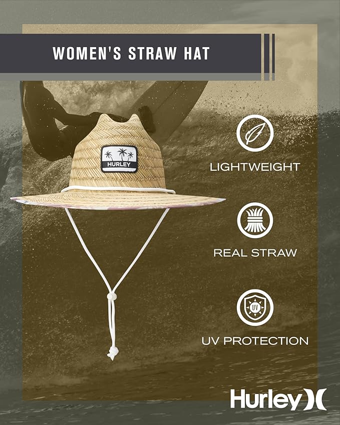Hurley Women's Straw Hats - Real Straw Hat Medium Brim and Adjustable Chin Strap
