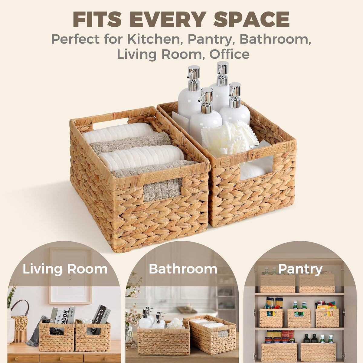 Set of 2 Wicker Shelf Storage Baskets for Organizing - Natural Durable Water Hyacinth Woven Basket Pantry Bin Organizers for Shelves with Handles for Home & Decor Organization, 12.5” x 8” x 6.5”