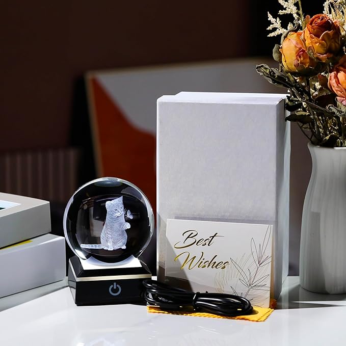 3D Cat Crystal Ball Cat Lover Gifts for Women 3D Cat Figurines Home Decor Cat Collectibles Snow Globes Gift for Girl Cat Lamp for Bedroom Unique Cat Gifts for Her