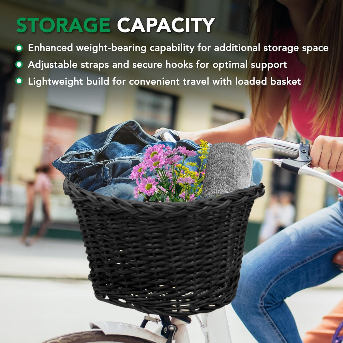 ProSource Wicker Bike Basket Front Cargo for Women and Men, Fits Most Bikes, Beach Cruiser, Stationary Bike, Ebike, Road Bike, Black