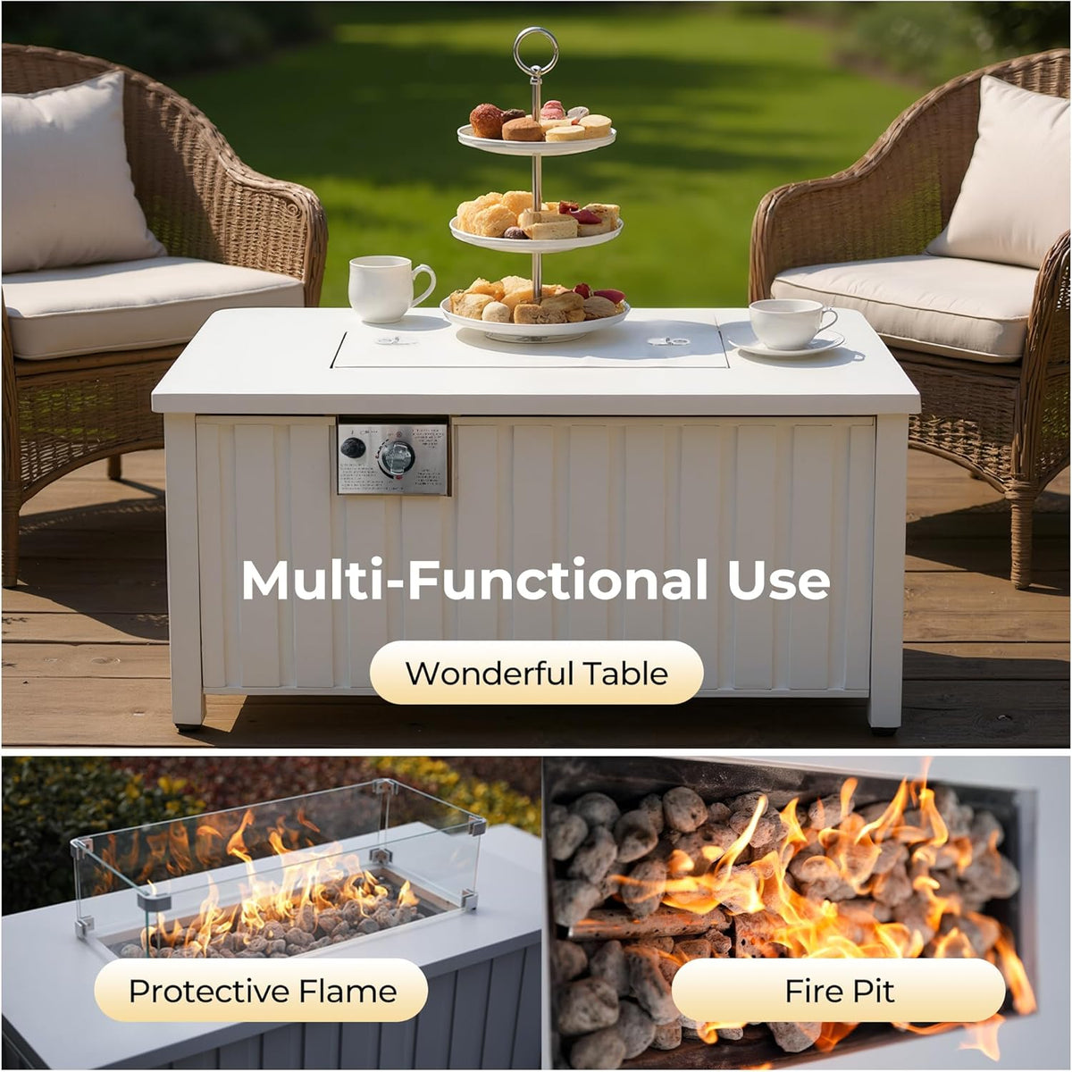 KOL 50,000 BTU Propane Fire Pit Table with Cabinet-39.5in White Gas Fireplace with Glass Wind Guard & Lid, Outdoor Rectangular Cold Rolled Plate Plastic Spraying Firepits for Patio, Backyard, Balcony