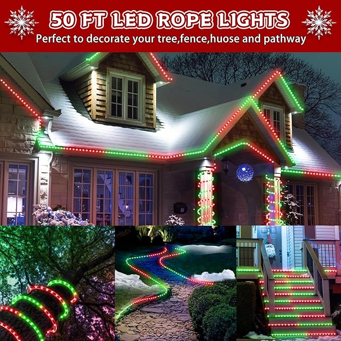 Christmas Rope Lights Outdoor, 50Ft 600 LED Red and Green String Lights, Waterproof Tube Light Plug in 8 Modes Timer Memory, Permanent Christmas Lights for Tree Fence Yard House Decorations