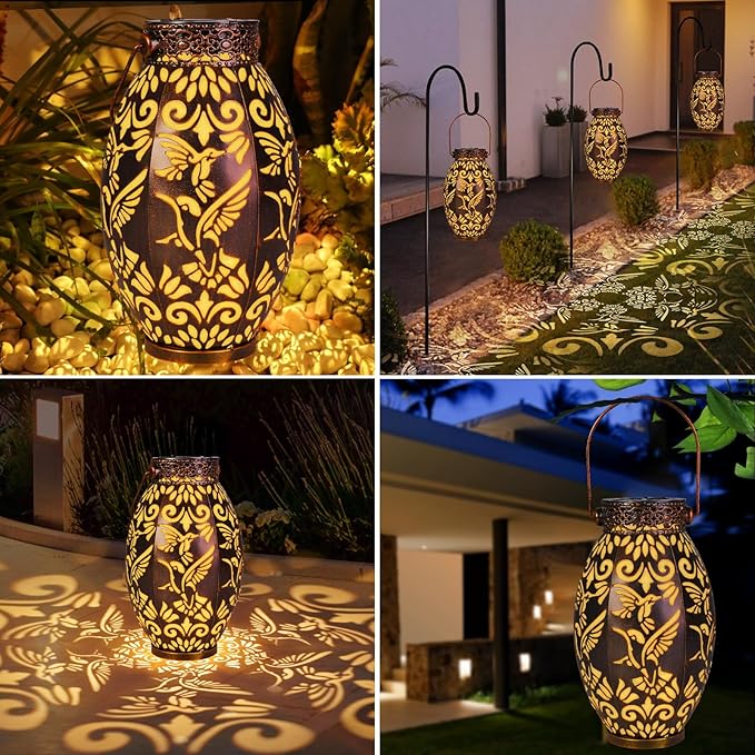 Hummingbird Lantern 2 Pack Solar Lanterns Outdoor Hanging Solar Lights, Upgraded Metal Garden Lanterns - Waterproof LED Decorative Light for Garden Patio Yard Gifts for Mom Grandma Women