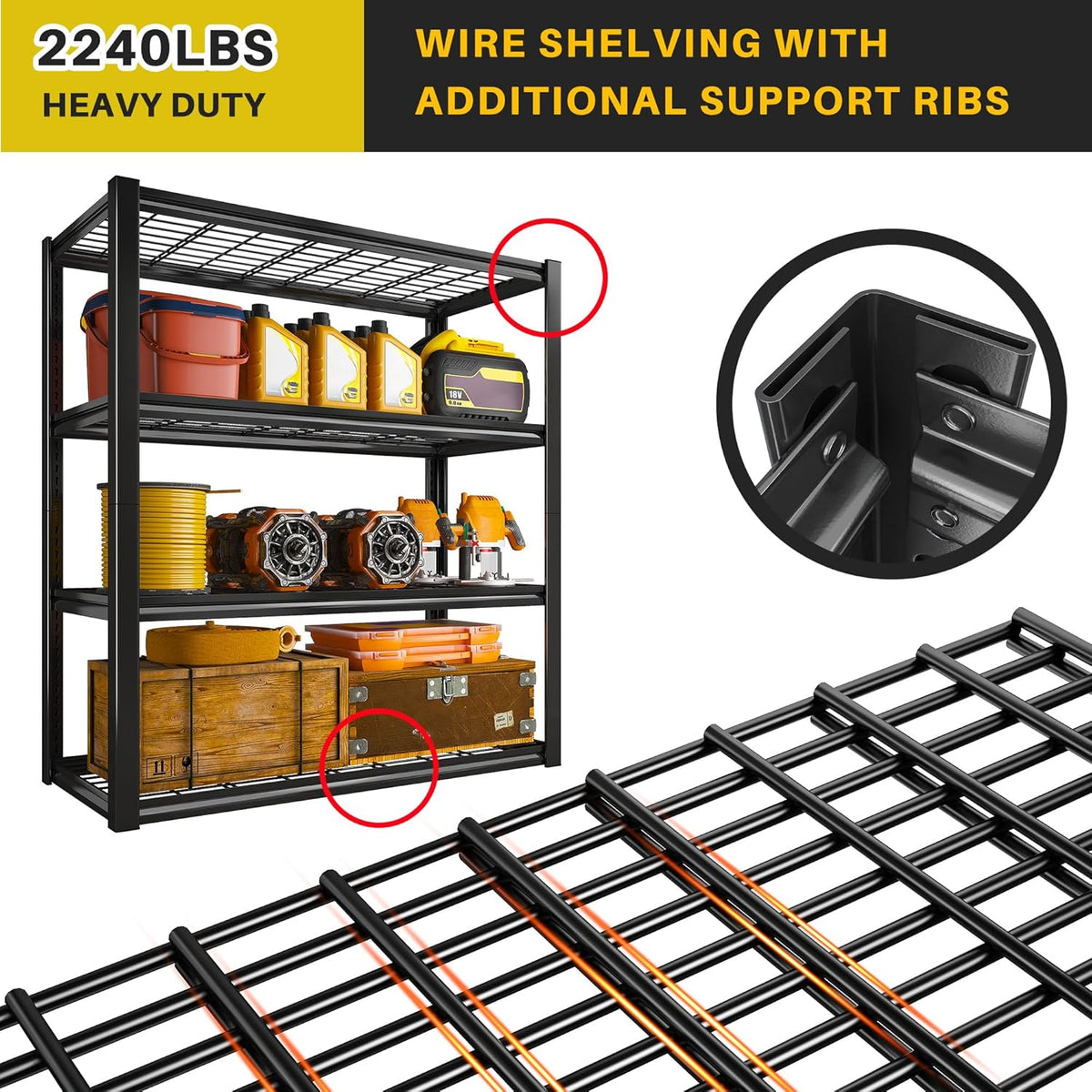 REIBII 40" W Garage Shelving 2240 LBS Storage Shelves Adjustable Heavy Duty Shelving 4 Tier Metal Shelves for Storage 59.5"H Metal Shelf for Pantry Basement Warehouse 40"W × 19.5"D × 59.5"H, 4 Pack