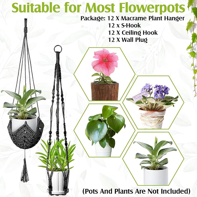Hoteam 12 Pcs Macrame Plant Hangers Macrame Hanging Planters for Indoor Plants Handmade Boho Hanging Baskets Flower Pots Holder for Outdoor Home Wall Decor