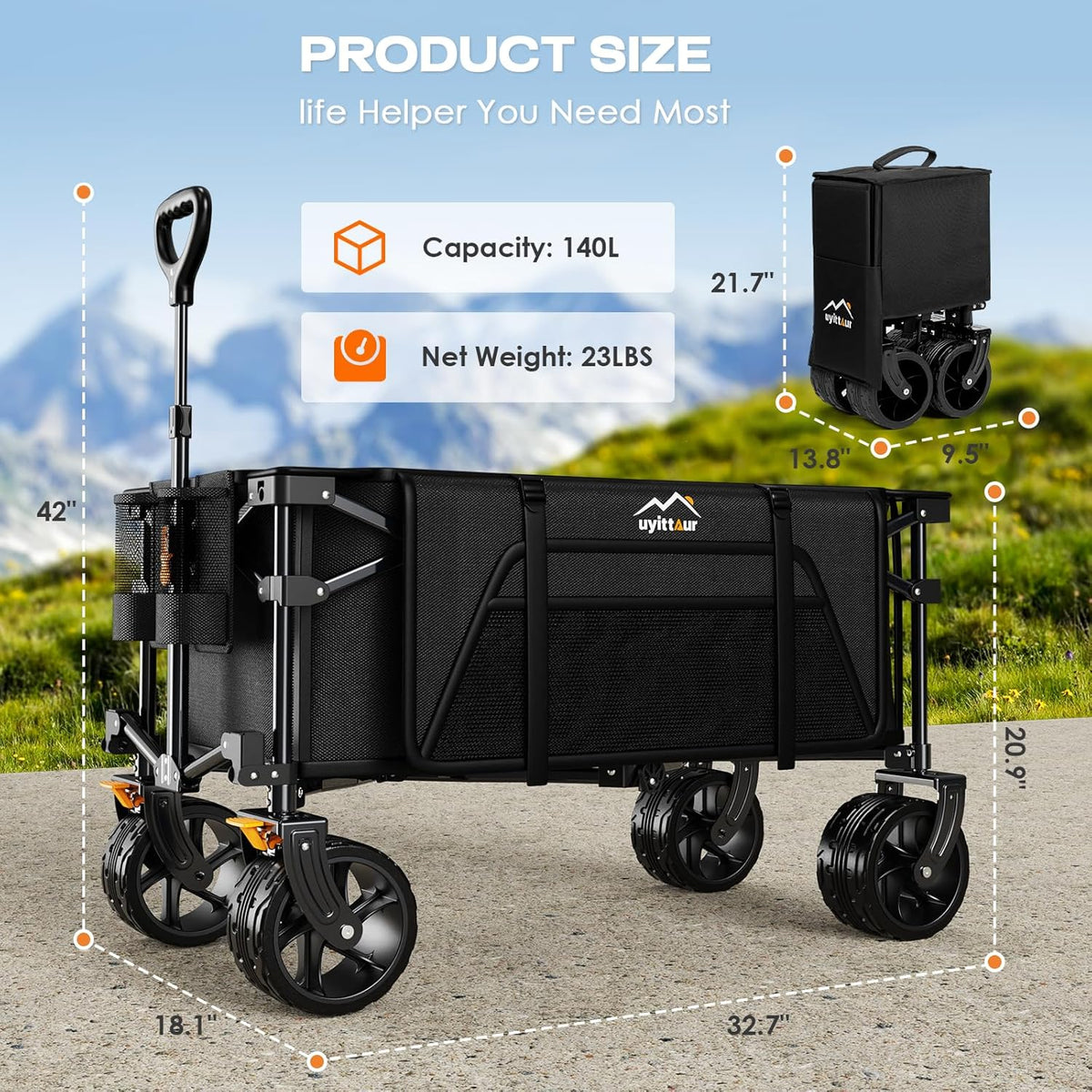 Collapsible Wagon Cart Heavy Duty Foldable, Folding Beach Wagon with Big Wheels for Sand, Utility Grocery Cart with Side Pocket and Brakes for Camping Sports Outdoor Activities, Black