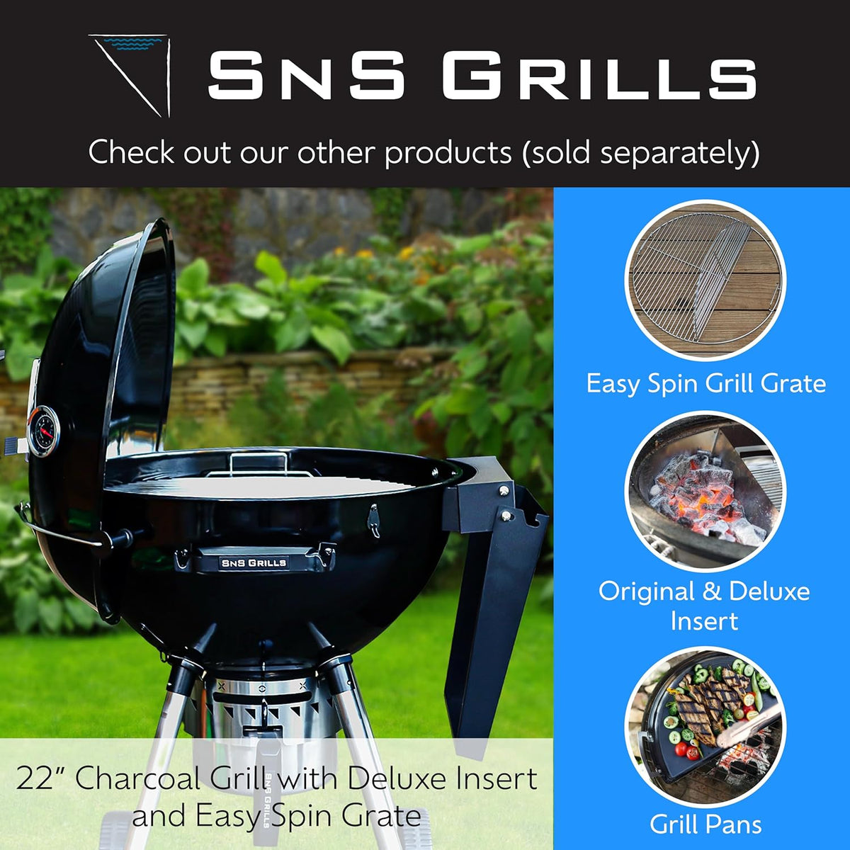 SnS Grills Slow ‘N Sear EasySpin Charcoal Grill Cooking Grate - Compatible with Weber and Other Grills, 2-Zone Stainless Steel Hinged Replacement - Tailgating & Backyard Cooking - 26” Inches