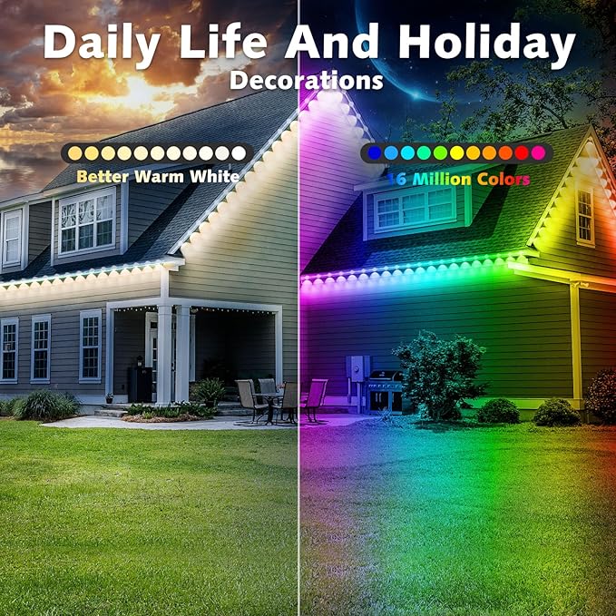 500FT Permanent Outdoor RGB Lights,IP67 Waterproof Smart LED Eaves Lights with App/Remote Control,for Christmas and All Holiday Decor,Daily and Accent Lighting,House Roof and Garden Lighting
