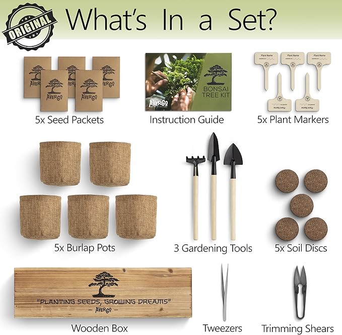 Bonsai Tree Kit for Beginners – 5X Unique Japanese Bonzai Trees | Complete Indoor Starter Kit for Growing Bonsai Plants with Tools & Planters – Gardening Gifts for Women & Men