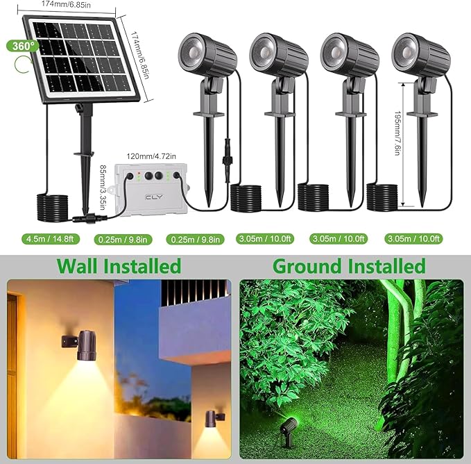 CLY 4-in-1 Solar Spot Lights Outdoor Color Changing, Solar Landscape Spotlights RGB Lighting IP66 Waterproof 45.93ft Cable Auto ON/Off Adjustable Garden Spotlight for Yard, Garden, Pool, Lawn, Statue