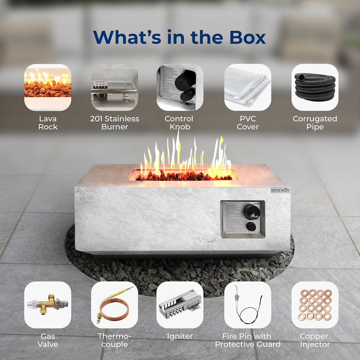SereneLife Propane Fire Pit Table, 40,000 BTU Outdoor Square Gas Fire Pit with Cover, Weather-Resistant Metal, Adjustable Flame, Lava Rock Set, Ideal for Patio, Backyard & Terrace (30” x 30” x 11”)