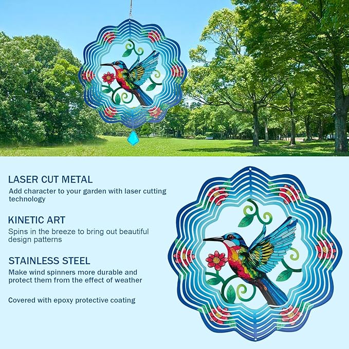 Hummingbird Metal Wind Spinners - 12 Inch Hanging Metal Wind Spinner for Outdoor & Indoor Decor, Hummingbird Kinetic Sculpture for Christmas Ornament Gifts, Yard Art and Garden Decorations