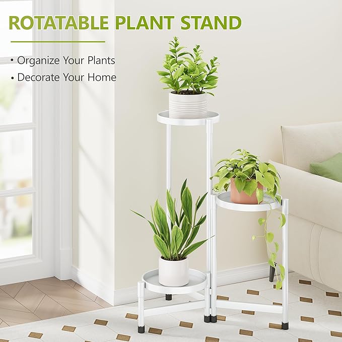 3 Tier Metal Plant Stand Indoor, Rotatable Corner Plant Shelf Outdoor, Tiered Flower Pot Display Stand, Multiple Plants Holder for Patio Living Room Balcony Garden Home Decor - White