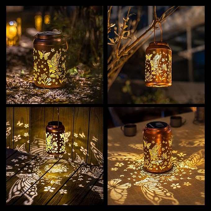 2pack Solar Lanterns Outdoor Waterproof Hanging Butterfly Lights LED Metal Fairy Lantern Decorative Garden,Patio,Landscape,Walkway,Festival Christmas Decor Gifts for Women Mom Grandma