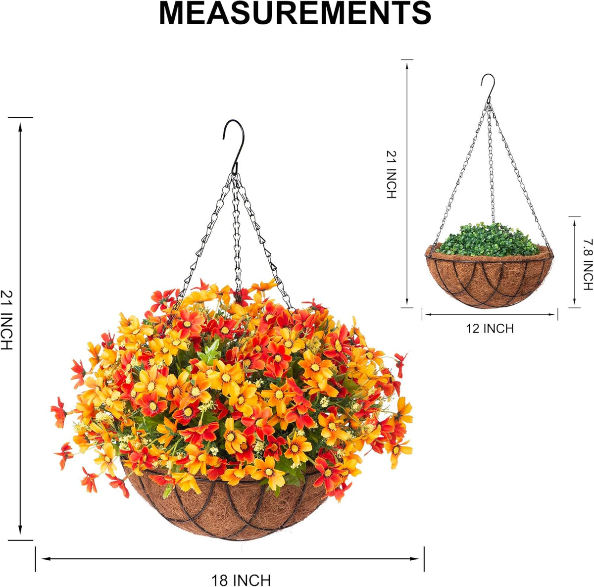 Artificial Silk Flowers Hanging Baskets Outdoors,Chrysanthemum with Eucalyptus Leaves Arrangement for Garden Yard Decor,Faux Plant in Metal Coconut Lining Flowerpot(Orange)