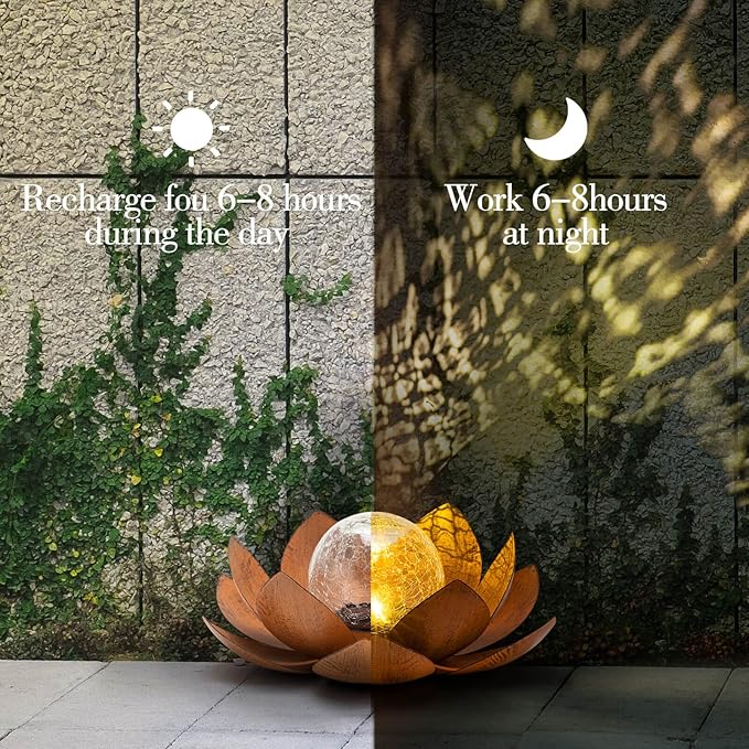 Huaxu Solar Lights Outdoor Decor Metal Lotus Flower LED Waterproof Glass Decorative Gifts for Garden Lover Women Mom Table Pathway Lawn Patio Yard Ground
