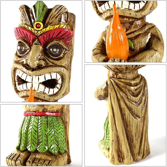 13" Tall Solar Torch Tiki Garden Statue, Resin Large Tiki Decor Figurine with Solar Lights, Hawaiian Tiki Man, Outdoor Patio Yard Lawn Bar Party Beach Pool Pond Decoration, Valentine's Day Gift
