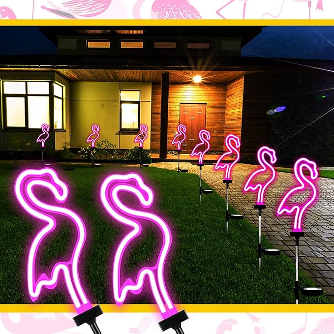 Hortsun Flamingo Solar Lights Outdoor Neon Light Yard Pink Flamingo Waterproof Decorations for Garden Patio Yard Pathway Decoration(2 Pack)