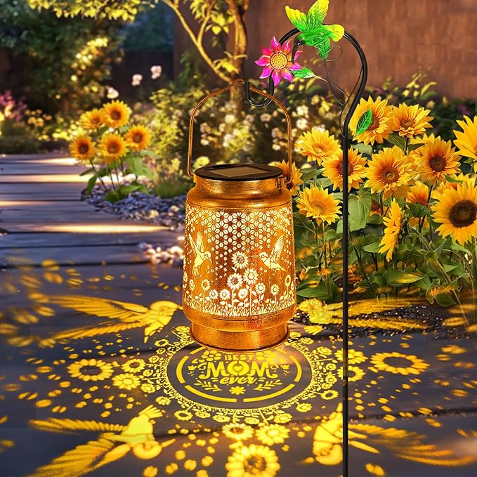 Hummingbird Solar Lanterns Outdoor Garden Decor, Birthday Gifts for Women Mom Grandma Hanging Metal Solar Lights Waterproof Decoration LED Lantern with Shepherd Hook for Outside Garden Yard Patio Lawn