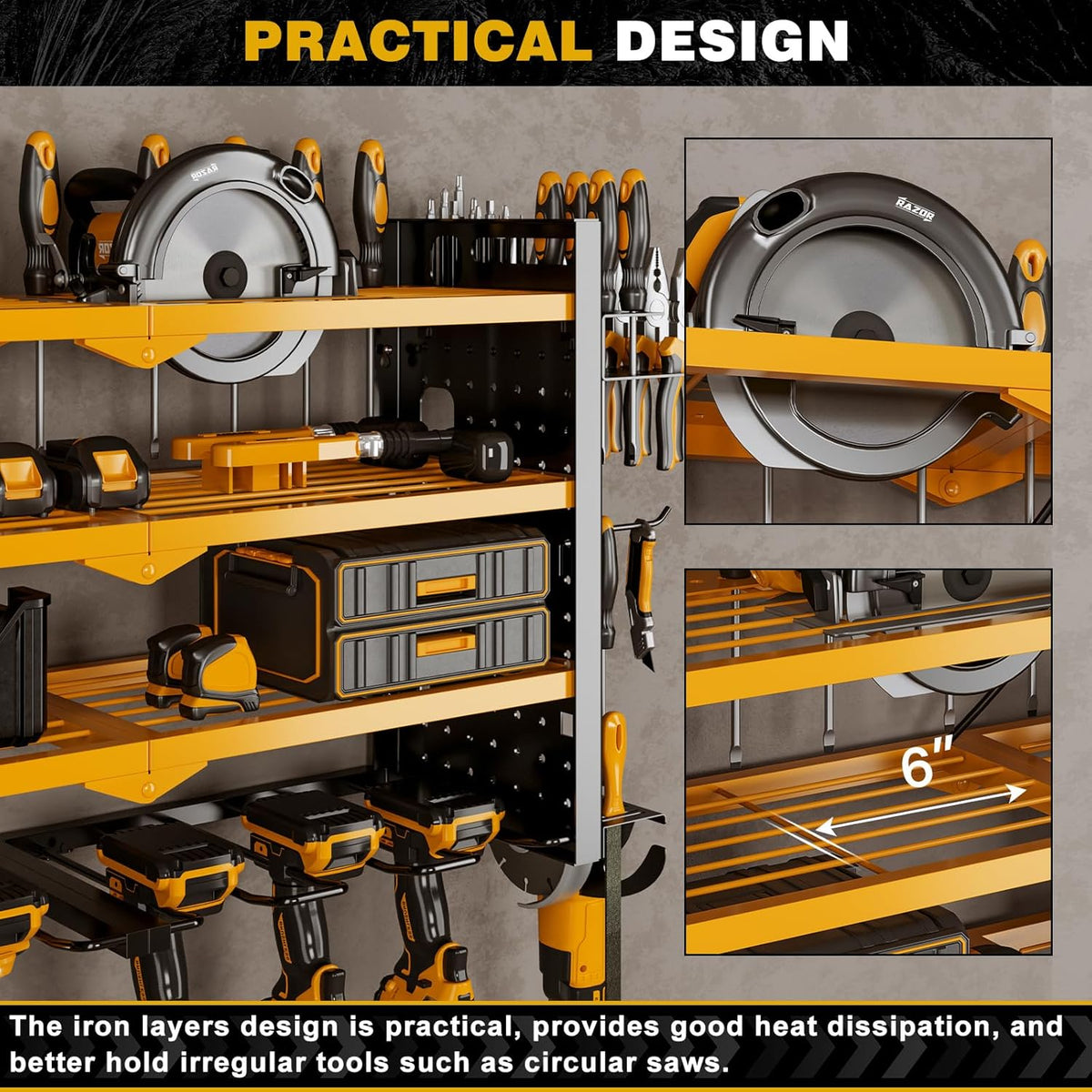 Power Tool Organizer Wall Mount with Charging Station 4 Layer 6 Slot Cordless Drill Holder with Angle Grinder Holder (Yellow)