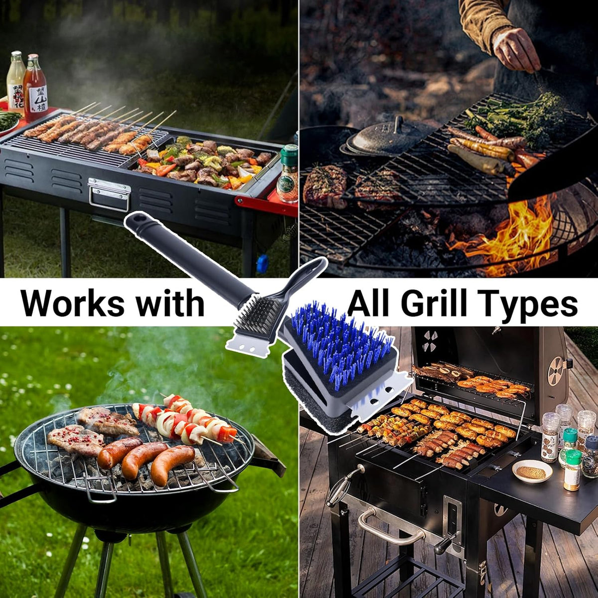 Nylon Bristle Grill Brush for BBQ - Heavy Duty Grill Cleaning Kit with Scraper, Safe for All Grill Types - Non-Scratch Bristles & Long Plastic Handle - Outdoor Barbecue Brush and Accessories