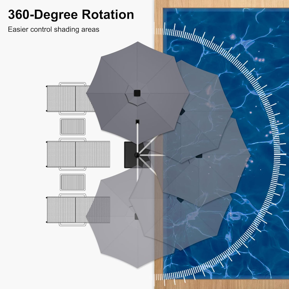 PURPLE LEAF 12ft Patio Umbrella With Base Solar powered LED Cantilever Umbrella with LED lights Windproof Outdoor Offset Umbrella for Garden Deck Pool Patio, Grey
