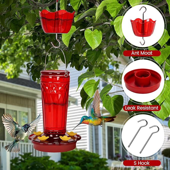 Hummingbird Feeder 2pack-14Ounces,5 Feeding Ports Glass Hummingbird feeders for Outdoors,Wide Mouth for Easy Filling/Cleaning,Hanging for Garden Backyard Decor, Includes Ant Moat (Red)