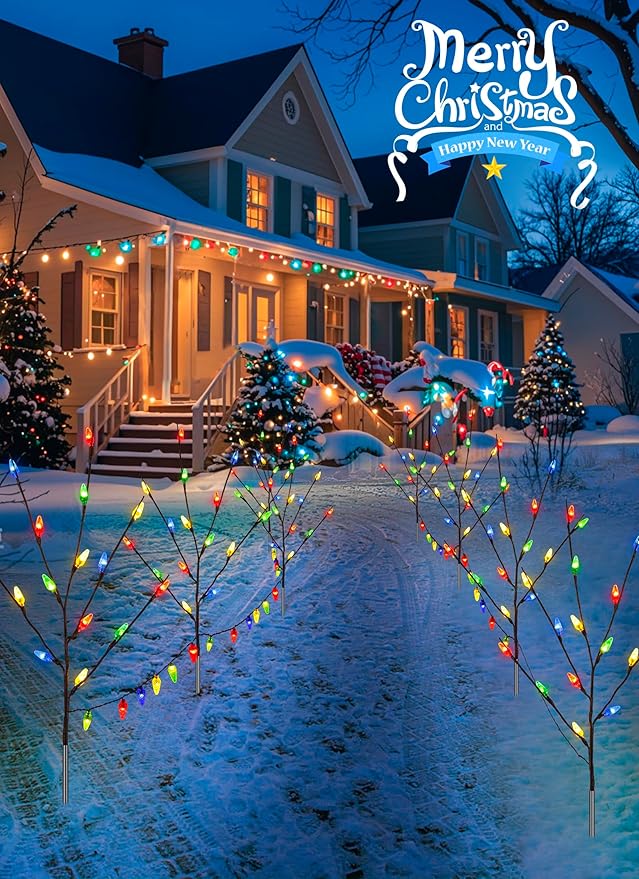 Brightown LED Twig Lights, 2 Sets Total 8 Packs Lighted Branches for Vases Plug in, C6 Driveway Christmas Lights, Outdoor Christmas Stems Outdoor Decorations Yard, Multicolor