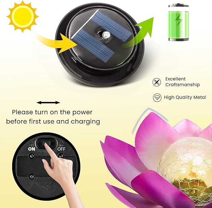 HPC Decor Solar Lights Outdoor Garden Decor - Art Crackle Globe Glass Lotus Decoration, Waterproof LED Metal Flower Lights for Outdoor Decor on Patio,Lawn,Walkway,Table,Perfect Gifts (Purple 11in)