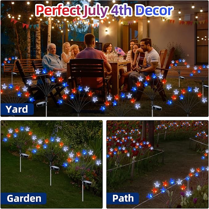 4th of July Decorations Solar Garden Lights, Fourth of July Red White and Blue Star Solar Lights Outdoor, Waterproof Patriotic Decor with 9 LED 2 Lighting Modes for Independence Day, 4 Pack