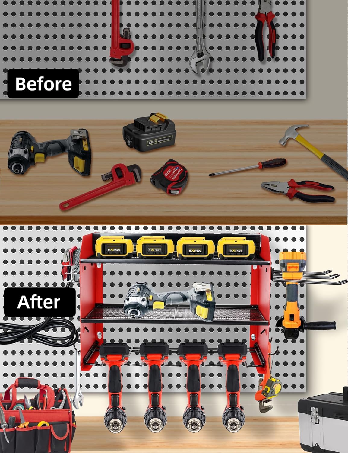 Power Tool Organizer wtih Charging Station,3 Layers Storage Rack with Screwdriver Rack 6 Drill Holders 8 Outlets Max Load 110lbs,for Workshop Garage Organizers and Storage Tool Battery Holder (red)
