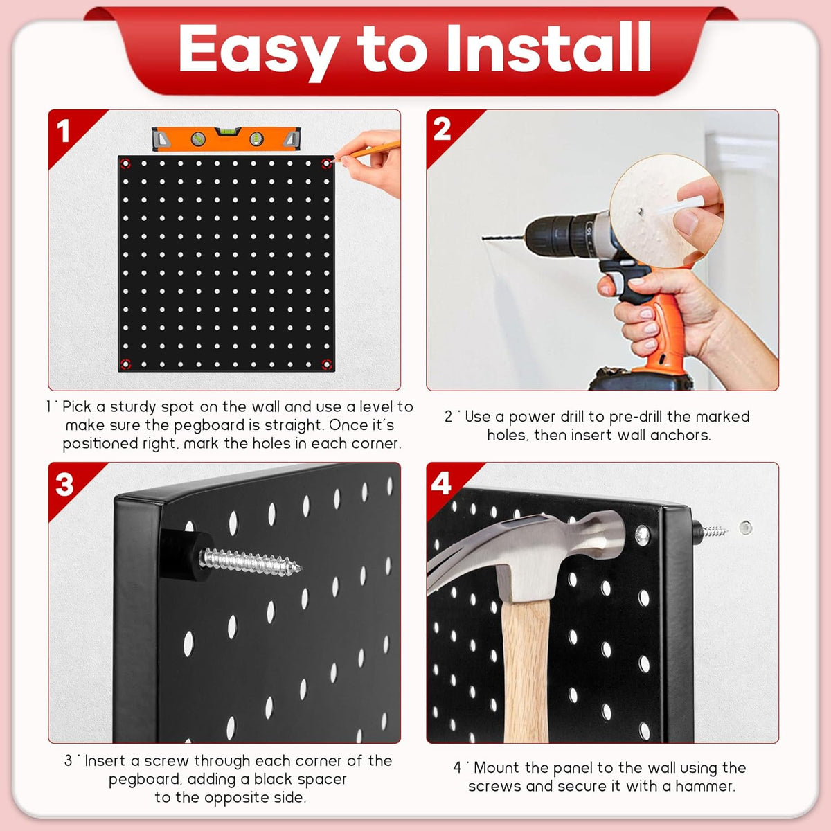Pegboard Panels 8 Packs Metal Black, Heavy Duty Steel Peg Boards Wall Tool Organizer with Screw for Garage, Tool Storage, Office Organization, Craft Room, Kitchen