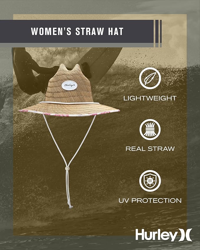 Hurley Women's Straw Hats - Real Straw Hat Medium Brim and Adjustable Chin Strap