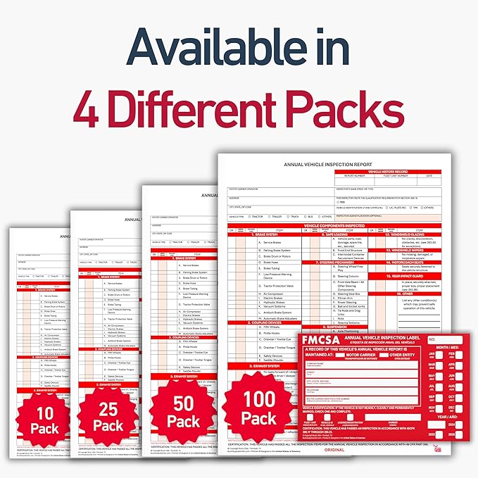 25 Pack Buck 3-Ply Carbonless Annual Vehicle Inspection Report Forms with Red Aluminum FMCSA Adhesive Labels with Punch Boxes, FMCSA & DOT Compliant, Shrinkwrapped Bundle, 8.5" x 11.8" - Made in USA