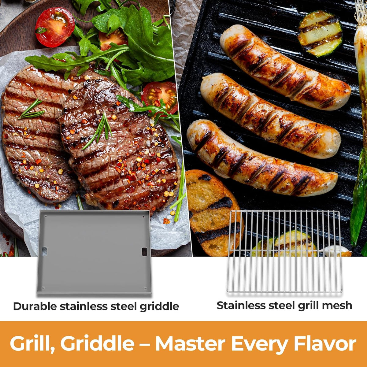 R.W.FLAME Premium 3 Burner Tabletop Propane Gas Grill Stainless Steel Portable Outdoor BBQ Grill with Griddle,24,000 BTU Multi-Zone Cooking,Built-in Thermometer,Backyard,Camping & Patio Gatherings