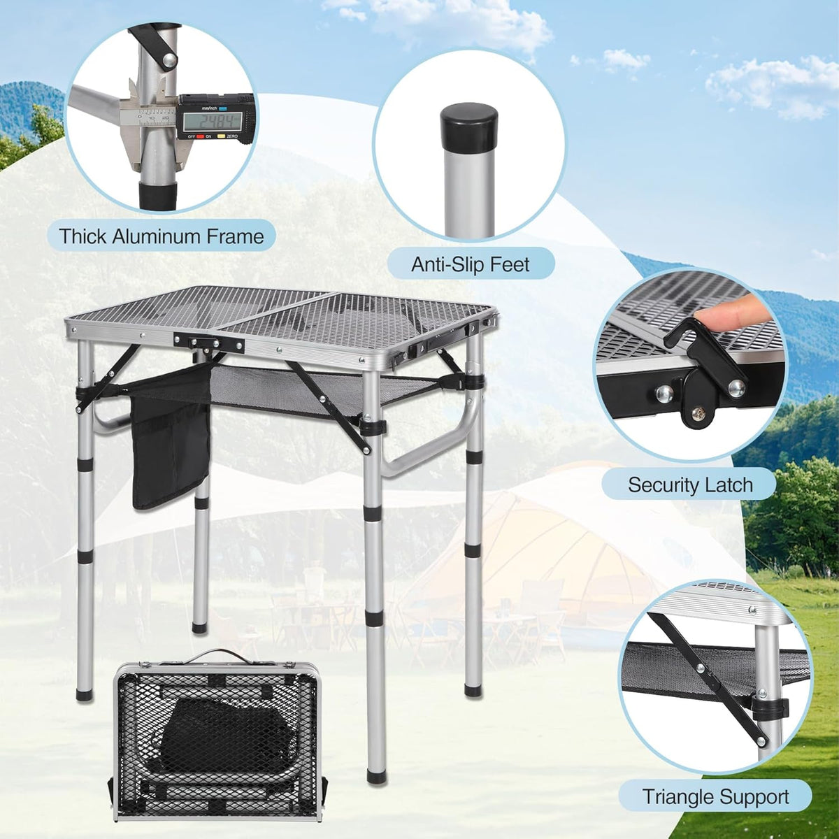 RedSwing Folding Grill Table, Lightweight Height Adjustable Aluminum Table with Mesh Desktop and Mesh Bag for Outdoor Camping Picnic BBQ, 2 Feet, Sliver
