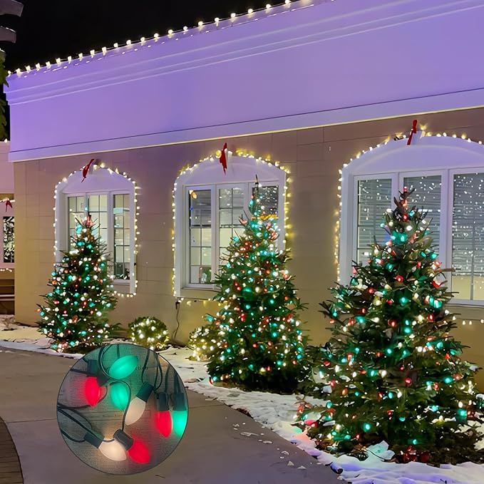 25Ft Red, White, and Green C9 Outdoor Christmas Lights with 26 Incandescent Bulbs (1 Spare), Extendable C9 Christmas String Lights for Tree, Roofline