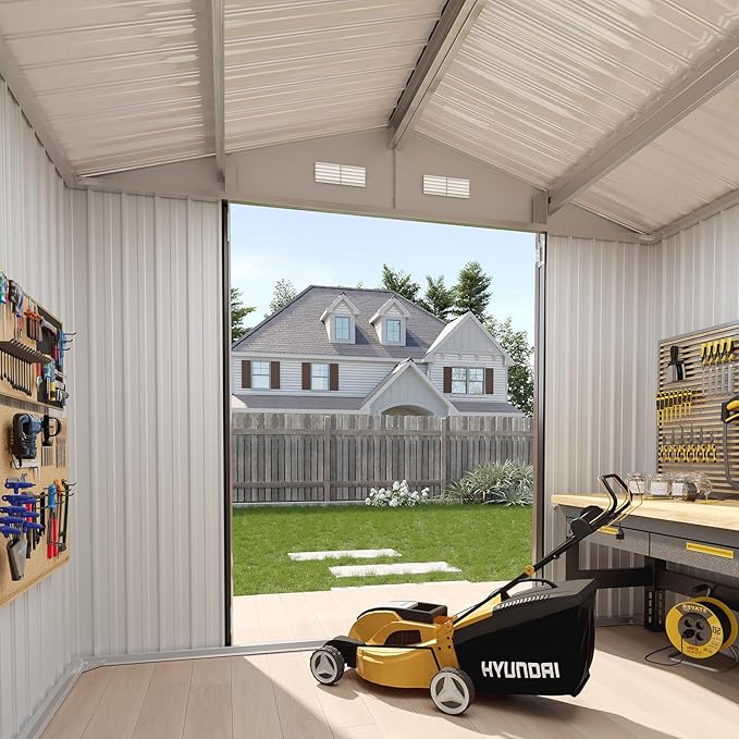 Aoxun 7x5 FT Outdoor Storage Shed with Base Garden Metal Shed with Lockable Door Outdoor Large Shed for Tool, Garbage Can, Bike, Mower, Brown