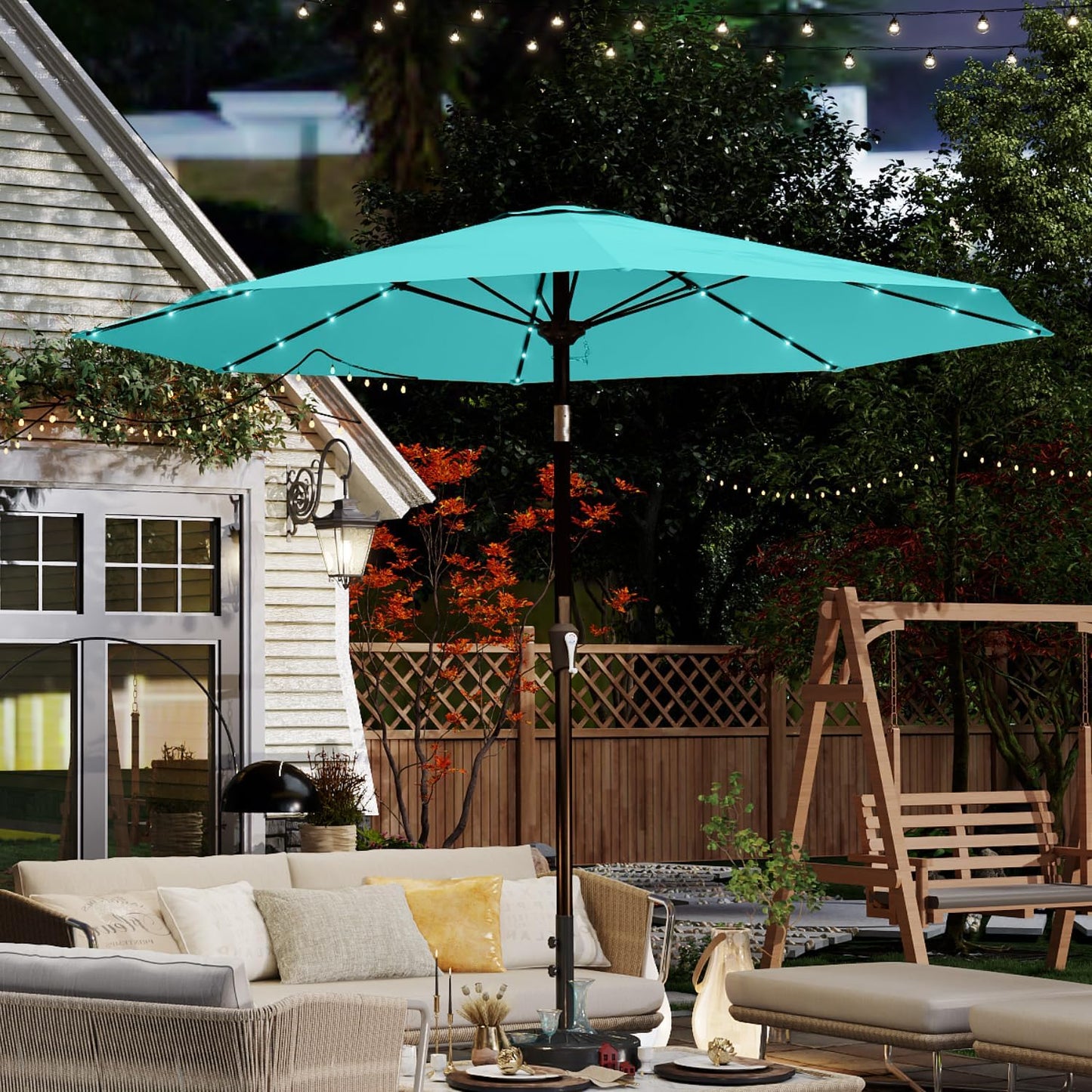 10FT Solar Umbrella 32 LED Lighted Patio Umbrella Table Market Umbrella w/Tilt and Crank, UV-Resistant Outdoor Umbrella for Pool, Garden, Deck, Aqua Blue