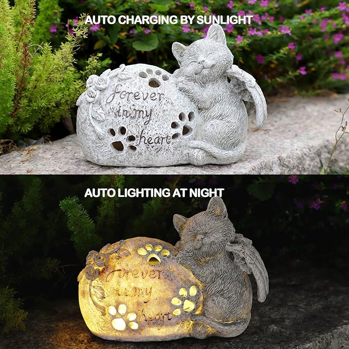 Cat Memorial Gifts Outdoor Statue with Solar Lights,Outdoor Resin Pet Ornament Grave Memorial Angel Decor Stone Effect