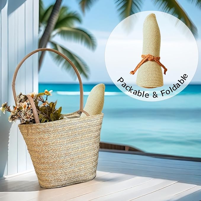 Beach Sun Straw Hats for Women, Summer Sun Protection Foldable Packable Wide Brim Hat
